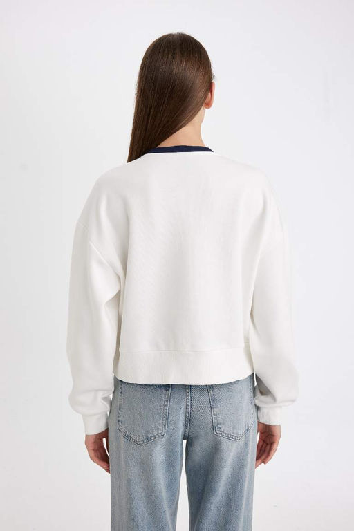 Толстая повседневная толстовка с принтом свободного кроя и круглым вырезом - Defacto фото 6