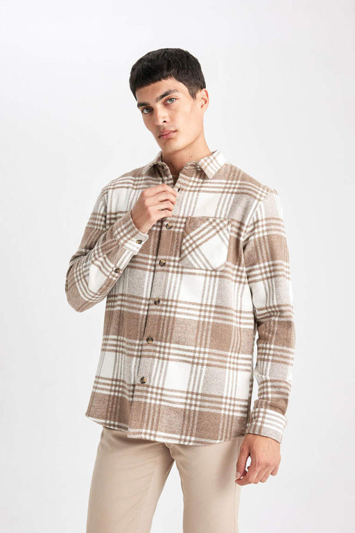 Хлопковая рубашка в клетку с длинными рукавами и воротником-поло обычного кроя - Defacto фото 3