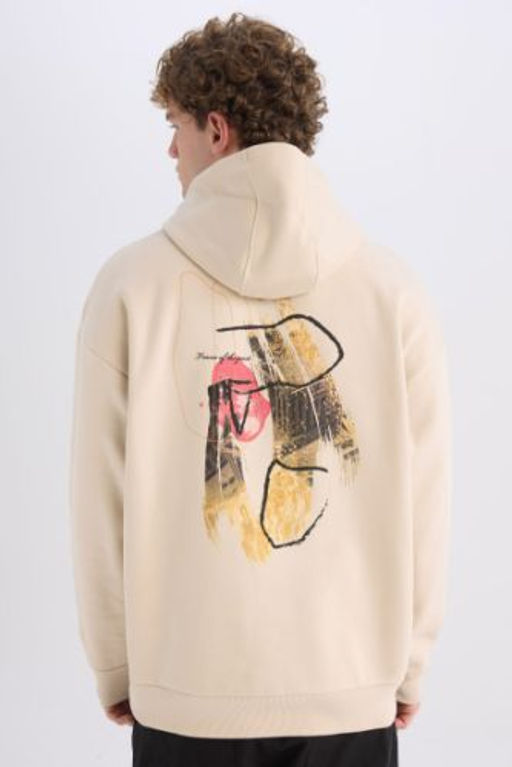 Oversize Genis Kal?p Kapusonlu S?rt Bask?l? Sweatshirt