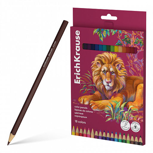 Цена за 8 шт. Цветные карандаши деревянные ErichKrause Safari трехгранные, грифель 3,3 мм, 18 цветов (в коробке с европодвесом 18 шт)