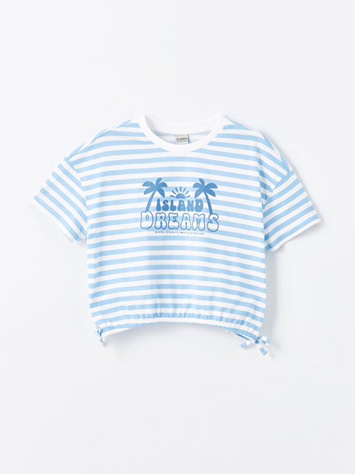 Bisiklet Yaka ?izgili K?sa Kollu K?z ?ocuk Crop Ti??rt