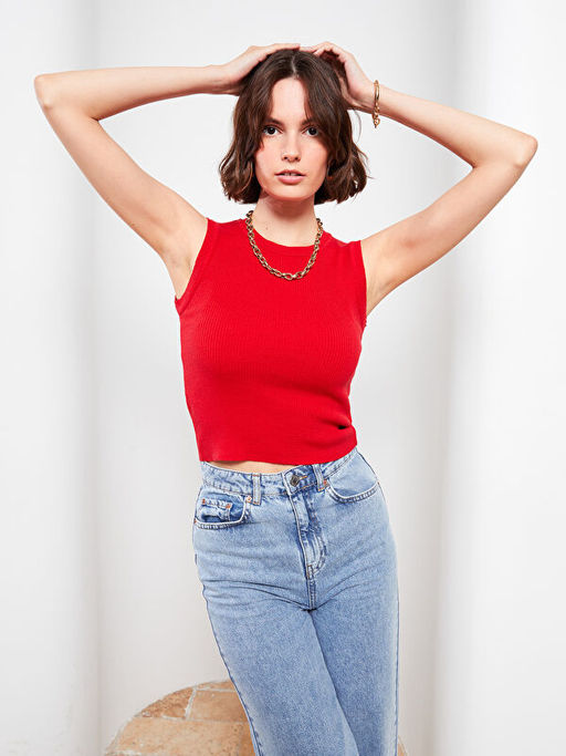 Kad?n Bisiklet Yaka D?z Triko Crop