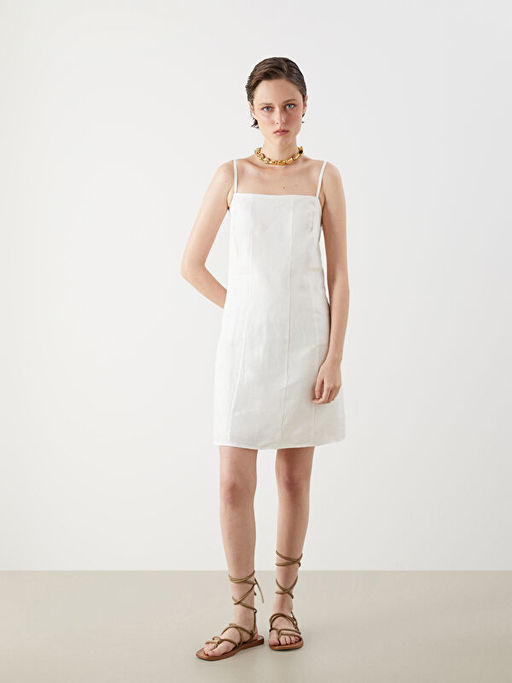 Kare Yaka %100 Keten Mini Elbise