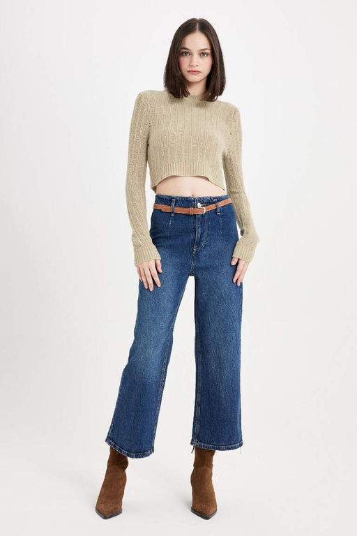 Женский вязаный трикотаж с круглым вырезом обычного кроя, свитер с отверстиями - Defacto фото 2