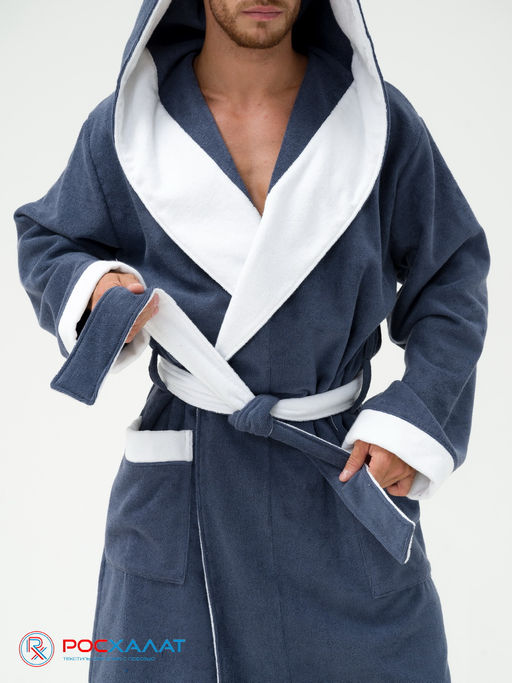 Мужской махровый халат с капюшоном с белой отделкой серый+белый МЗ-05-1 (84) - Росхалат фото 9