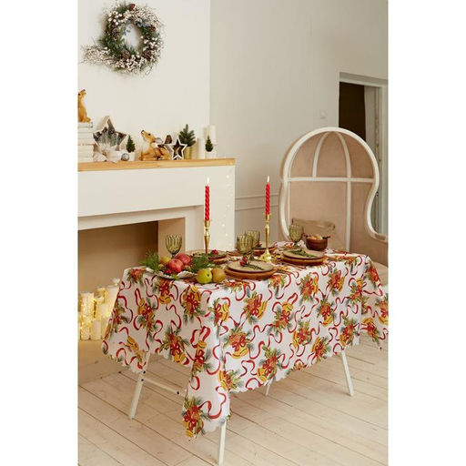 Скатерть новогодняя Доляна Новогодние колокольчики 145*300 +/- 2 см, 100% п/э  фото 3