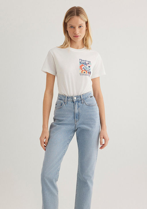 Cicek Bask?l? Ekru Tisort - Mavi фото 2