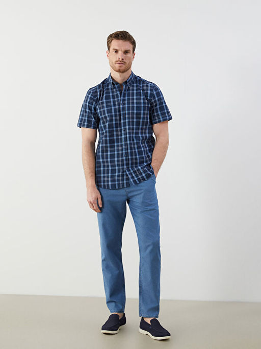 Regular Fit K?sa Kollu Ekose Poplin Erkek G?mlek