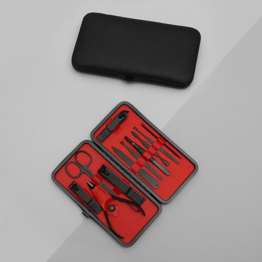 Набор маникюрный, 11 предметов, в футляре, в картонной коробке, цвет чёрный/красный