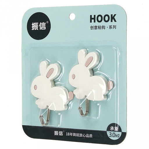 Крючок на липучке "Зайчик" металлический с пластмассовым основанием, 2 штуки 5,8х7,8х2см, в блистере, цвета в ассортименте: розовый, фисташковый, мятный (Китай)