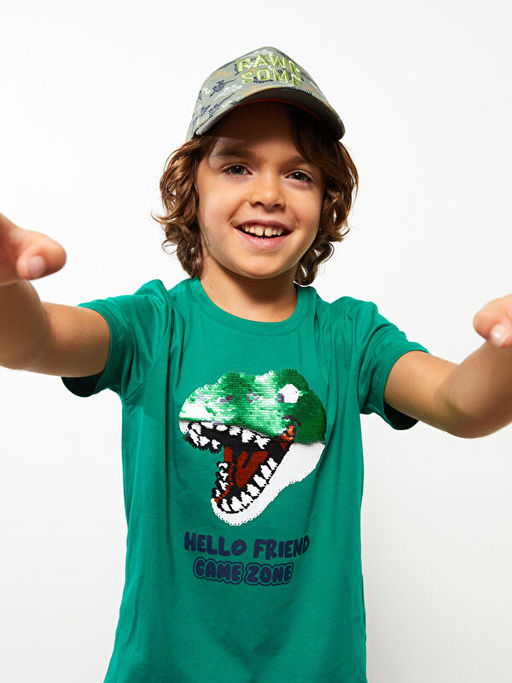 Bisiklet Yaka Bask?l? ?ift Y?nl? Payetli K?sa Kollu Pamuklu Erkek ?ocuk Ti??rt - Waikiki фото 3