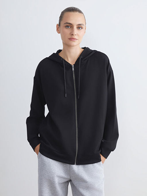Kap??onlu Oversize Kad?n Fermuarl? Sweatshirt