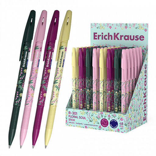 Цена за 50 шт. Ручка шариковая ErichKrause R-301 Stick Floral Soul 0.7, цвет чернил синий (в коробке по 50 шт.)