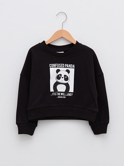 Bisiklet Yaka Bask?l? Uzun Kollu K?z ?ocuk Sweatshirt