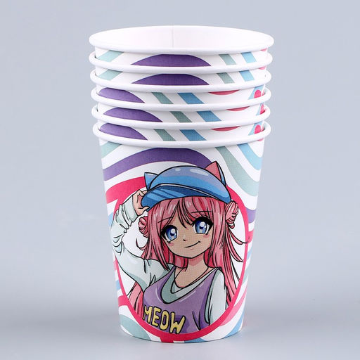 Набор бумажной посуды Аниме, фуксия: 6 тарелок, 1 гирлянда, 6 стаканов, 6 колпаков - Страна карнавалия фото 5