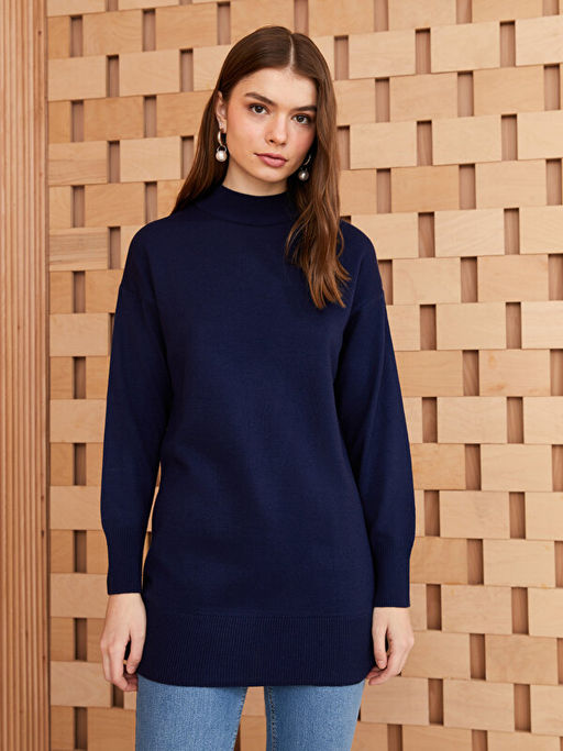 Yar?m Bal?k?? Yaka D?z Uzun Kollu Kad?n Triko Tunik