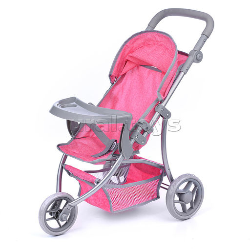 Коляска для кукол, 3-х колесная, металлическая, складная, прогулочная с козырьком, с корзиной и столиком, цвет розовый