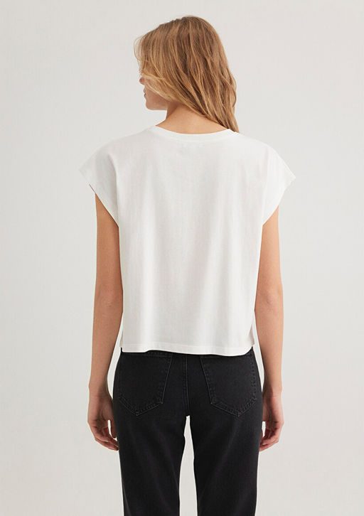 Bask?l? Beyaz Tisort - Mavi фото 5