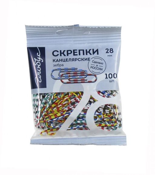 Скрепки ГЛОБУС ЗЕБРА 28 мм 100 шт., классические с цветным полимерным покрытием, в пакете ...