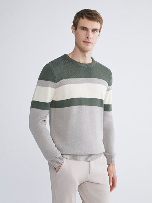 Bisiklet Yaka Uzun Kollu Renk Bloklu Erkek Triko Kazak