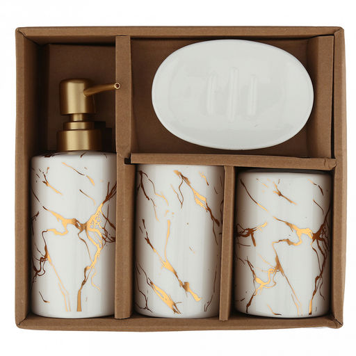 Набор для ванной "Мрамор" 4 предмета: дозатор для мыла 360мл, д7см, h17,8см; мыльница 11,3х7,8х2,4см; стакан для зубных щеток с разделителем 330мл, д7см, h10,7см, стакан 290мл, д6,3см, h11см; фурнитура пластик "под золото", глянцвая глазурь, белый/зо