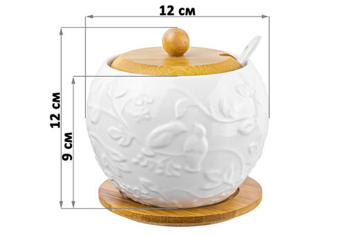 Сахарница 620 мл 12*12*12 см Птички на ветке + ложка + дер. крышка на дер. подставке - Elan gallery фото 2