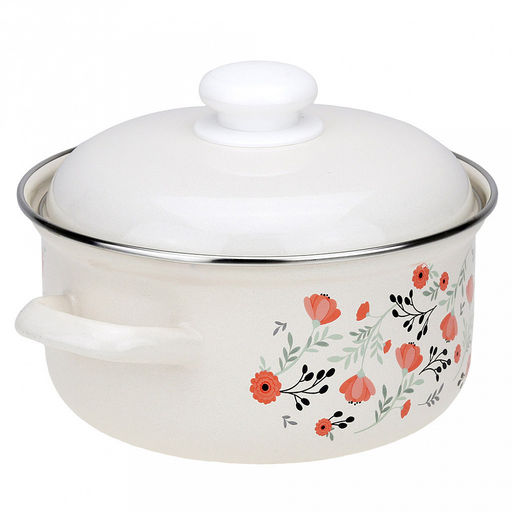 "Blossom" Набор эмалированных кастрюль 2 предмета: 2л, 3л, s0,8мм, форма цилиндрическая, двойной слой эмалевого покрытия, металлическая крышка с пластмассовой ручкой-кнопкой, металлические ручки, нержавеющий ободок (Россия)