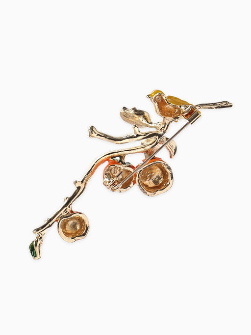 Брошь «Птица на ветке» хурма, цвет оранжевый в золоте