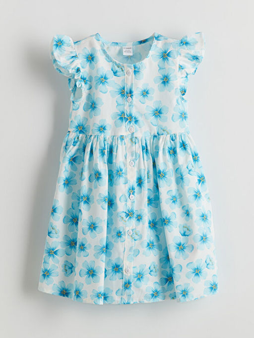 ?nden D??meli ?i?ekli K?z ?ocuk Poplin Elbise