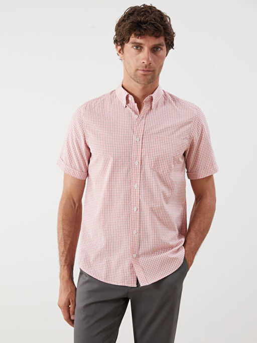 Regular Fit K?sa Kollu Ekose Poplin Erkek G?mlek