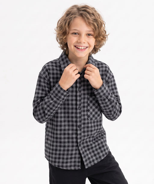 Рубашка для мальчика в клетку 33-82206 черная клетка - Mini maxi фото 5
