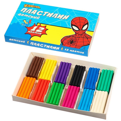 Цена за 2 шт. Пластилин  «Детский», 12 цветов, 180 г, Человек-паук