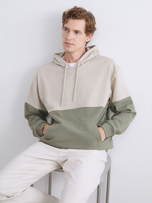 Uzun Kollu Renk Bloklu Erkek Hoodie