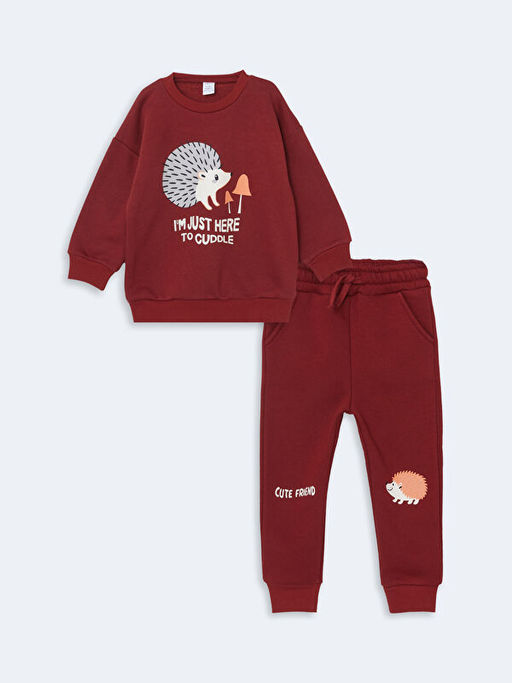 Bisiklet Yaka Bask?l? Erkek Bebek Sweatshirt ve E?ofman Alt 2li