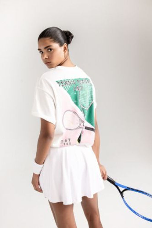 DeFactoFit Oversize Genis Kal?p Bisiklet Yaka Bask?l? Sporcu K?sa Kollu Tisort