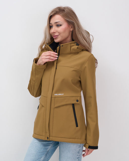 Ветровка спортивная женская с капюшоном softshell горчичного цвета 9566G