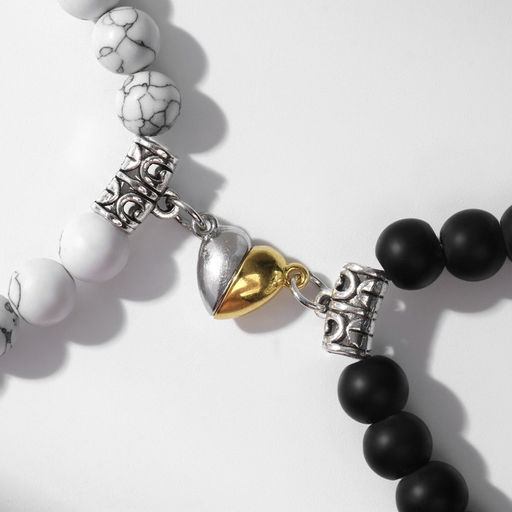 Браслеты парные «Неразлучники» на магните, сердце, чёрно-белые в серебре, d=6 см