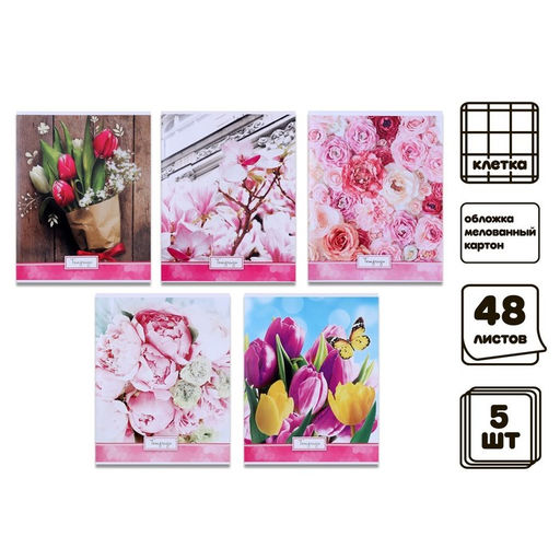Комплект тетрадей из 5 штук, 48 листов в клетку Calligrata "Яркие цветы", обложка мелованный картон, УФ-лак, блок офсет