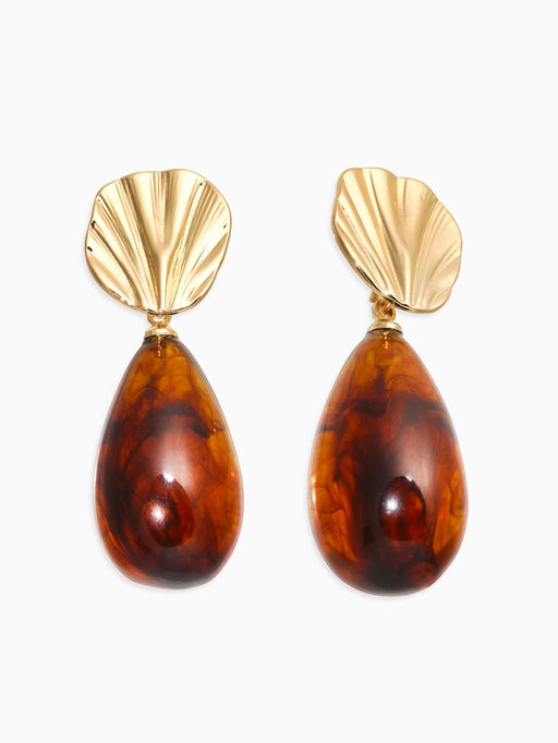 Серьги акрил «Веер с каплей», коричневые в золоте