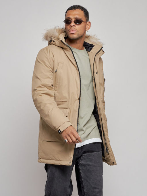 Парка мужская зимняя удлиненная с мехом бежевого цвета 8318B - Wonderrman фото 7