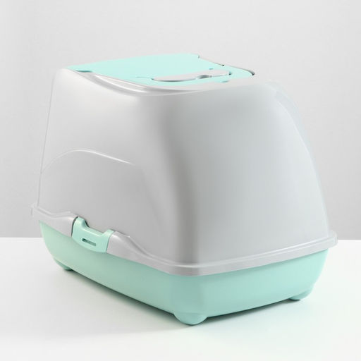 Туалет-домик для кошек закрытый с дверцей 50*38*37 см, бирюзово-серый - Пижон фото 4