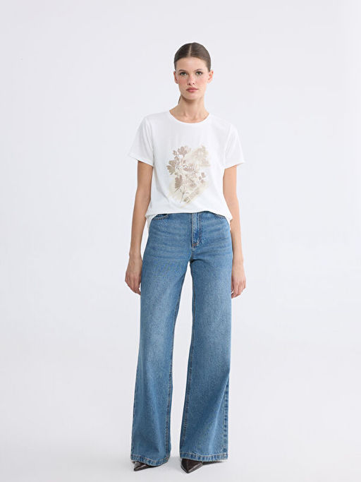 Bisiklet Yaka Bask?l? Kad?n Ti??rt