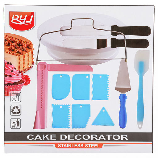 Кондитерский набор 13 предметов Декоратор: поворотный столик для торта д27,5см, h6,5см, пластик; шпатель спатула металл/пластик - 2шт: прямой 27,3см, угловой 27см; шпатель-угол пластик 23х20см; декоративный шпатель пластик - 6шт; лопатка силикон 27 - Домашняя мода фото 3