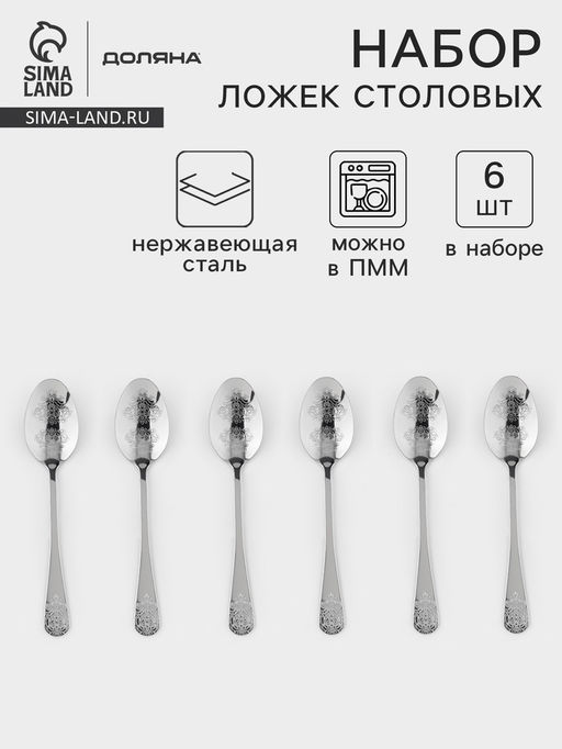 Набор столовых ложек Доляна Эмили, длина 20.5 см, 6 шт., нержавеющая сталь, серебристый  фото 7
