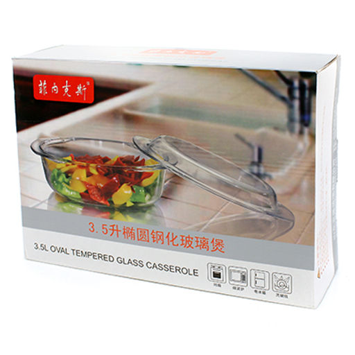 Латка стеклянная 3,5л, овальная 32х23см h13см, с крышкой, термостекло, в цветной коробке (Китай)