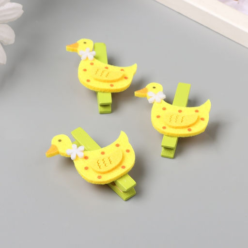 Декор для творчества дерево, фетр Прищепка. Уточка с цветочком, набор 3 шт., 1.8?4?4.9 см