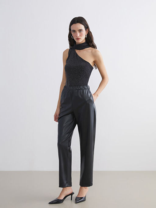 Beli Lastikli Deri G?r?n?ml? Kad?n Pantolon