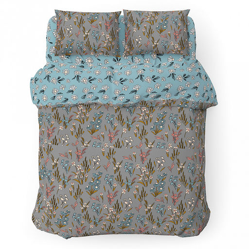 Постельное белье, комплект Евростандарт "Цветочная поляна", 4 предмета: пододеяльник на пуговицах 200х215см, простыня 220х240см, 2 наволочки 70х70см, поплин 115г/м2, хлопок 100%, упаковка "классическая" ПВХ 34,5х41см, "Домашняя мода" (Россия)