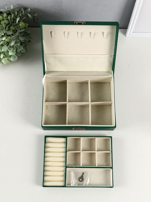 Шкатулка для украшений Isabel, съёмная подставка, тёмно-зелёная, 23.5×17×8.7 см