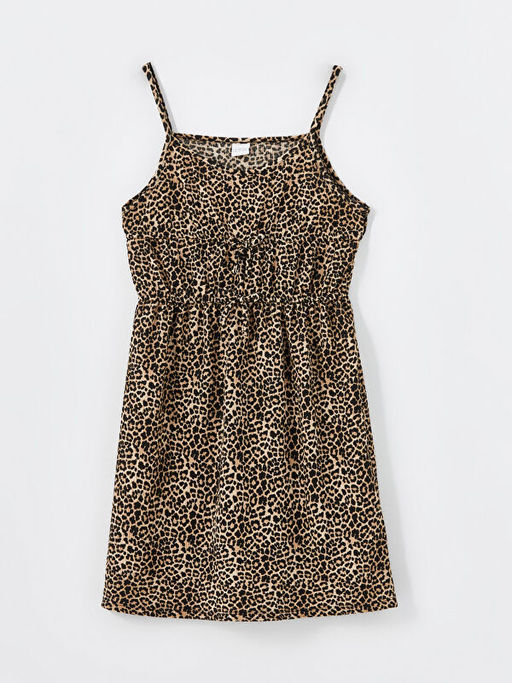 Kare Yaka Leopar Desenli K?z ?ocuk Elbise